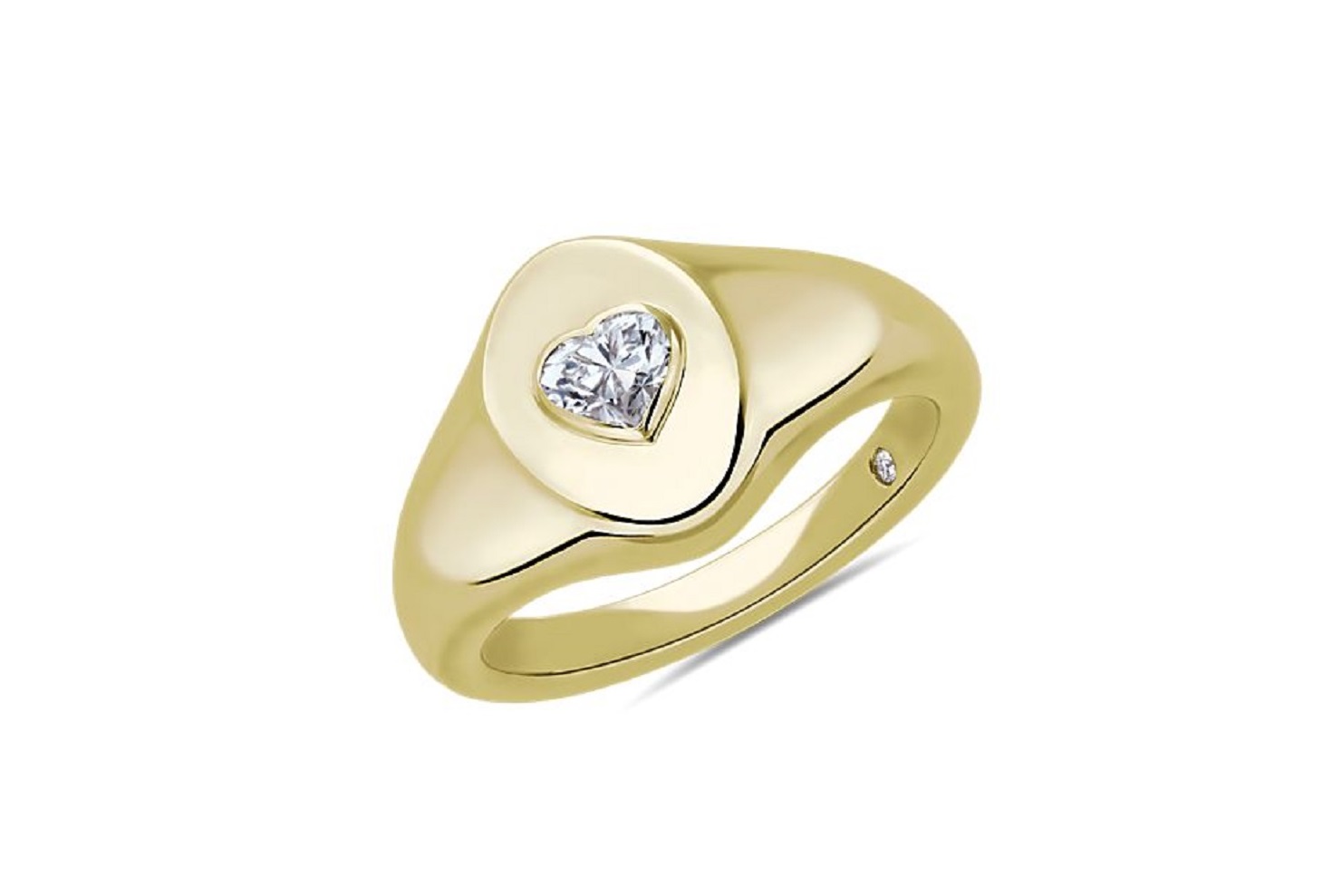 Heart-shaped diamond signet ring in yellow gold.
