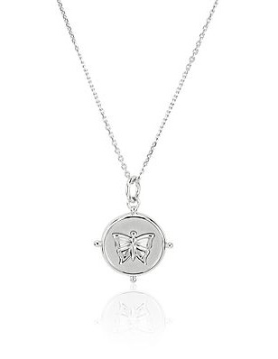 Silver pendant necklace with a butterfly design.