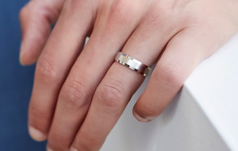 Close up of a man's hand, he's wearing a men's wedding band