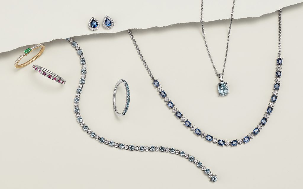 Waterproof gemstone and diamond necklaces, bracelets, earrings and rings.