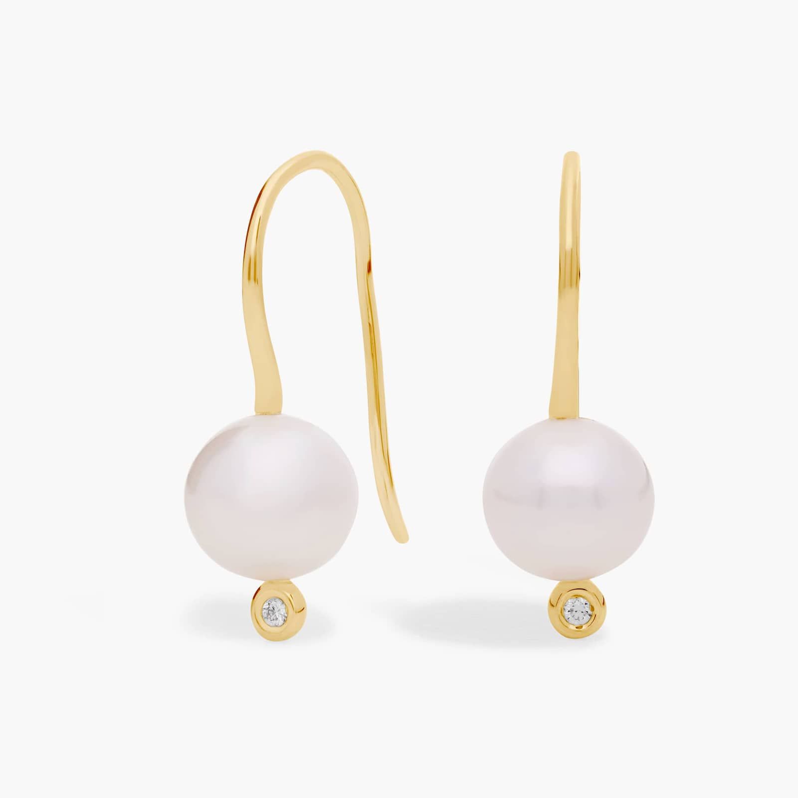 White Freshwater Pearl Drop Earrings with Diamonds in 14k Yellow Gold