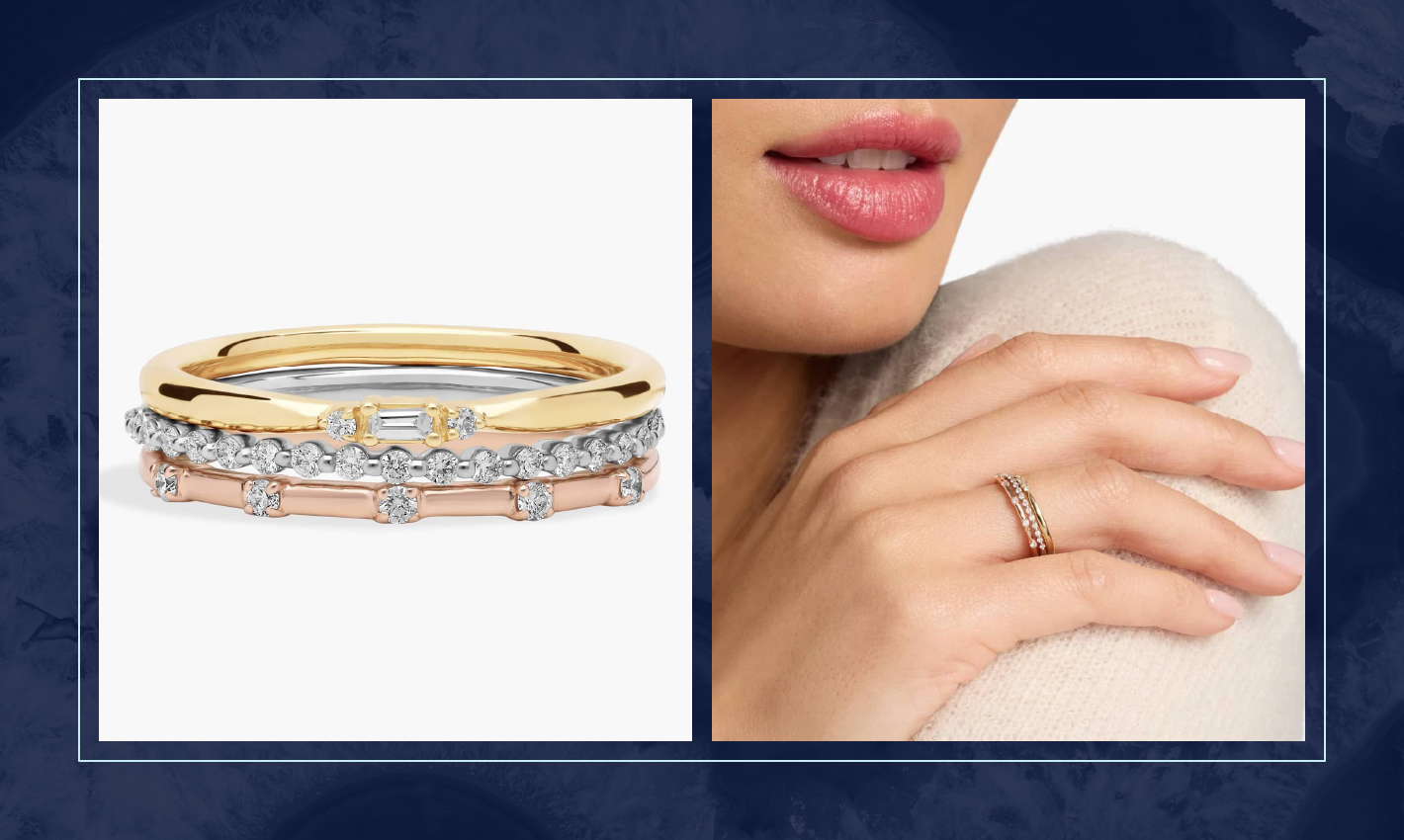 Side-by-side images of a ring stack on the left and a model wearing the rings on the right