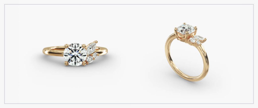 Front and side view of an asymmetrical cluster ring