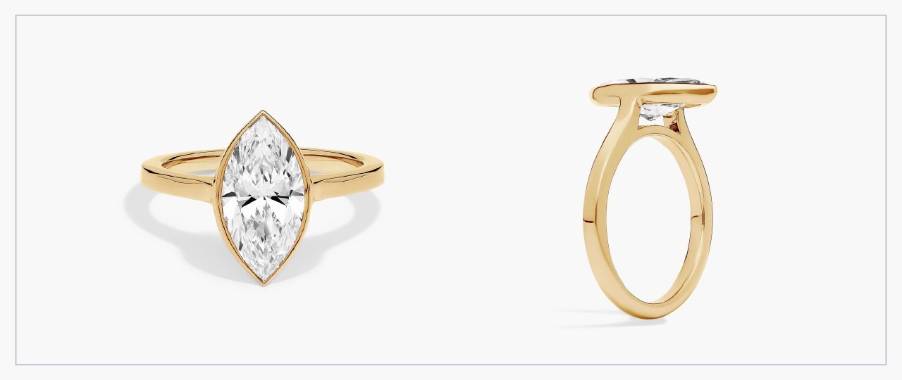 Front and side views of a yellow gold diamond bezel ring