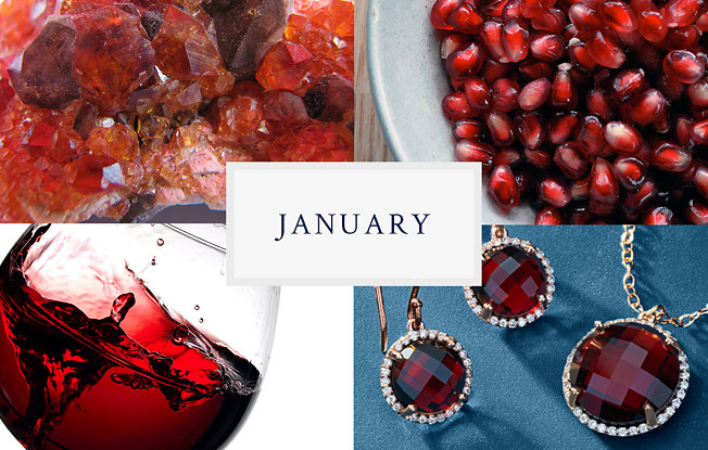 Details of garnet jewelry and pomegranate seeds and wine in similar colors.