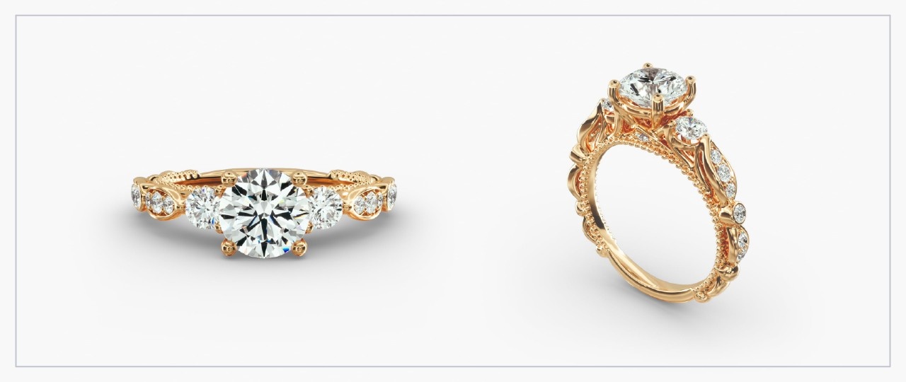 Front and side views of a yellow gold diamond cathedral ring