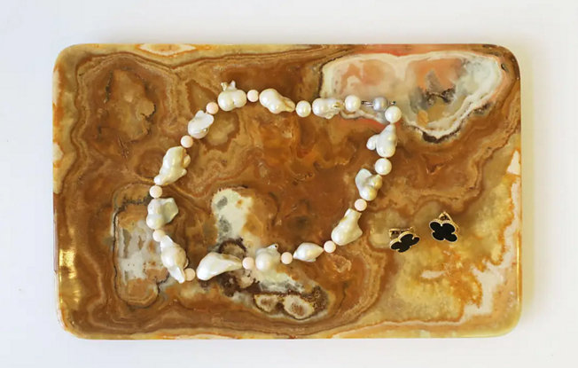 A beautiful onyx marble tray, dish, or vide-poche from Chairish