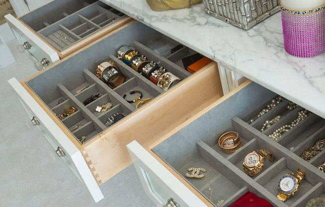 Luxurious Jewelry drawers in a Dallas Dressing Room Island