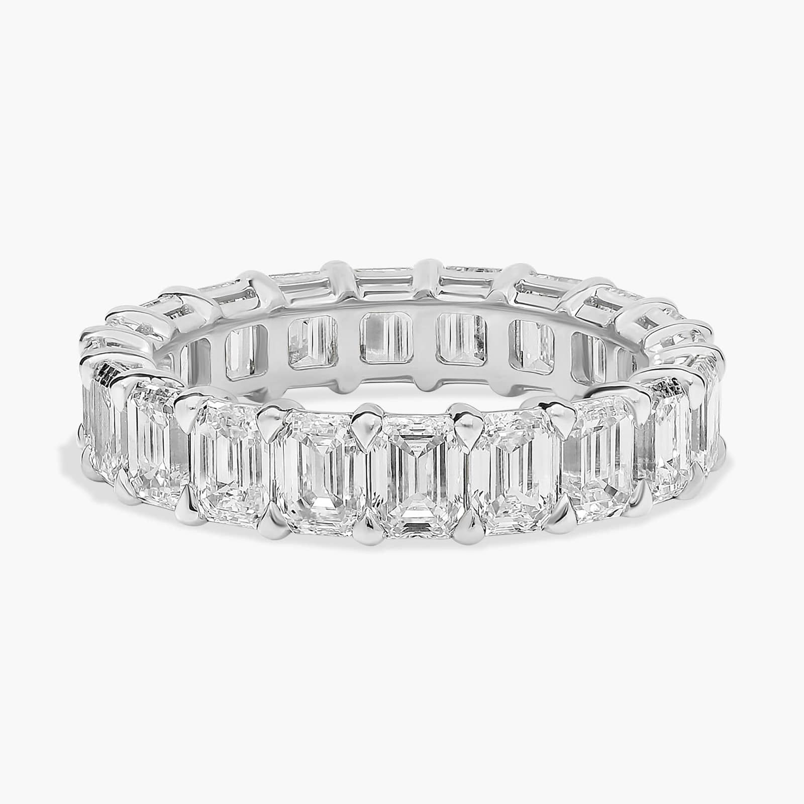 Side view of an emerald cut lab-grown diamond eternity ring