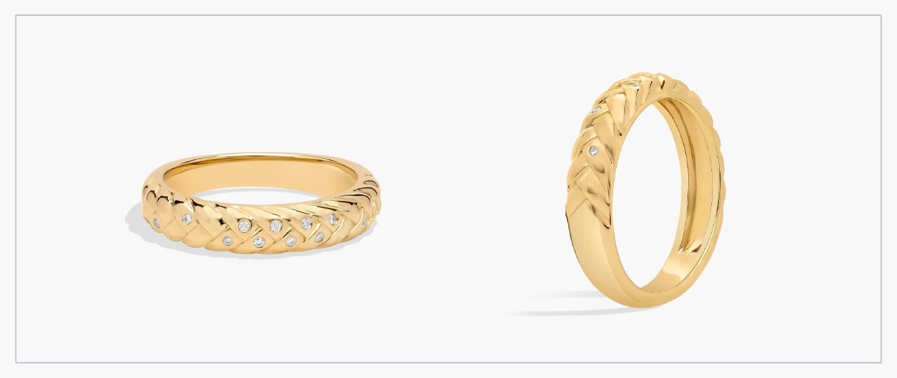 Front and side views of a yellow gold diamond flush ring