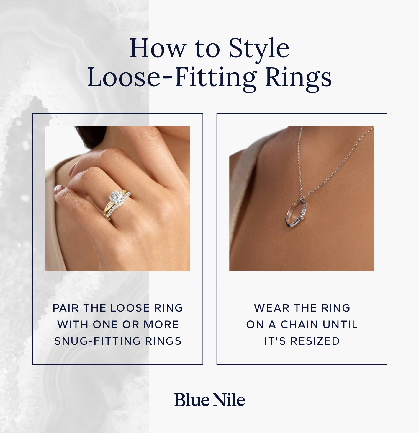An image showing ring stacking and wearing a ring on a chain as easy styling options for loose-fitting rings