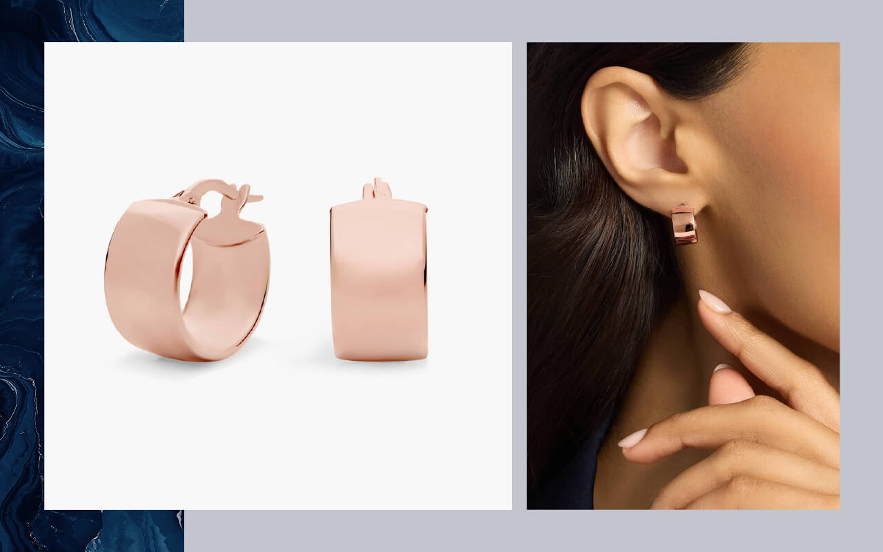 A pair of chunky Blue Nile small huggie earrings in 14K rose gold on the left, and a model wearing the earrings on the right.