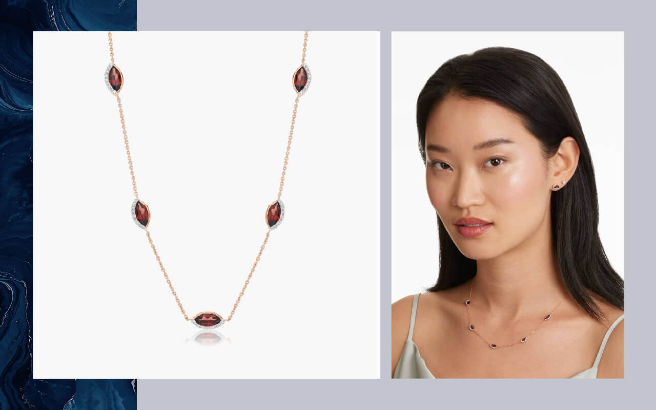 A Blue Nile 14k gold radiant reflections marquise shaped garnet and round diamonds station necklace on the left, and a model wearing the necklace on the right.