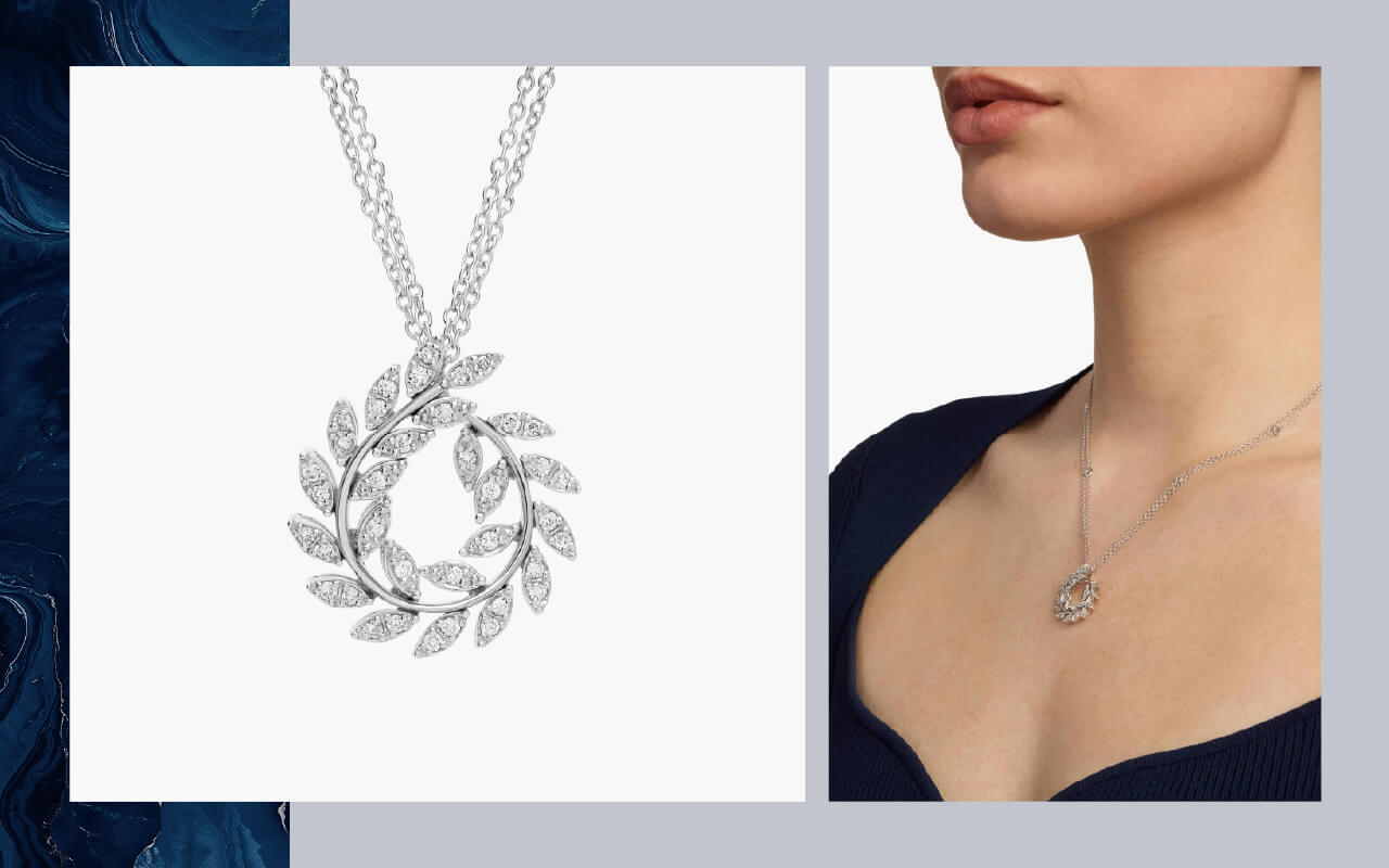 A Blue Nile double chain diamond wreath necklace in 14K white gold on the left, and a model wearing the necklace on the right.