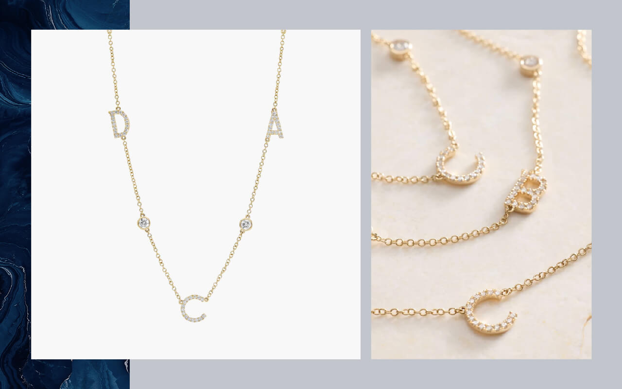 A Blue Nile personalized three-initial necklace on the left and a side-view flatlay of the necklace on the right.