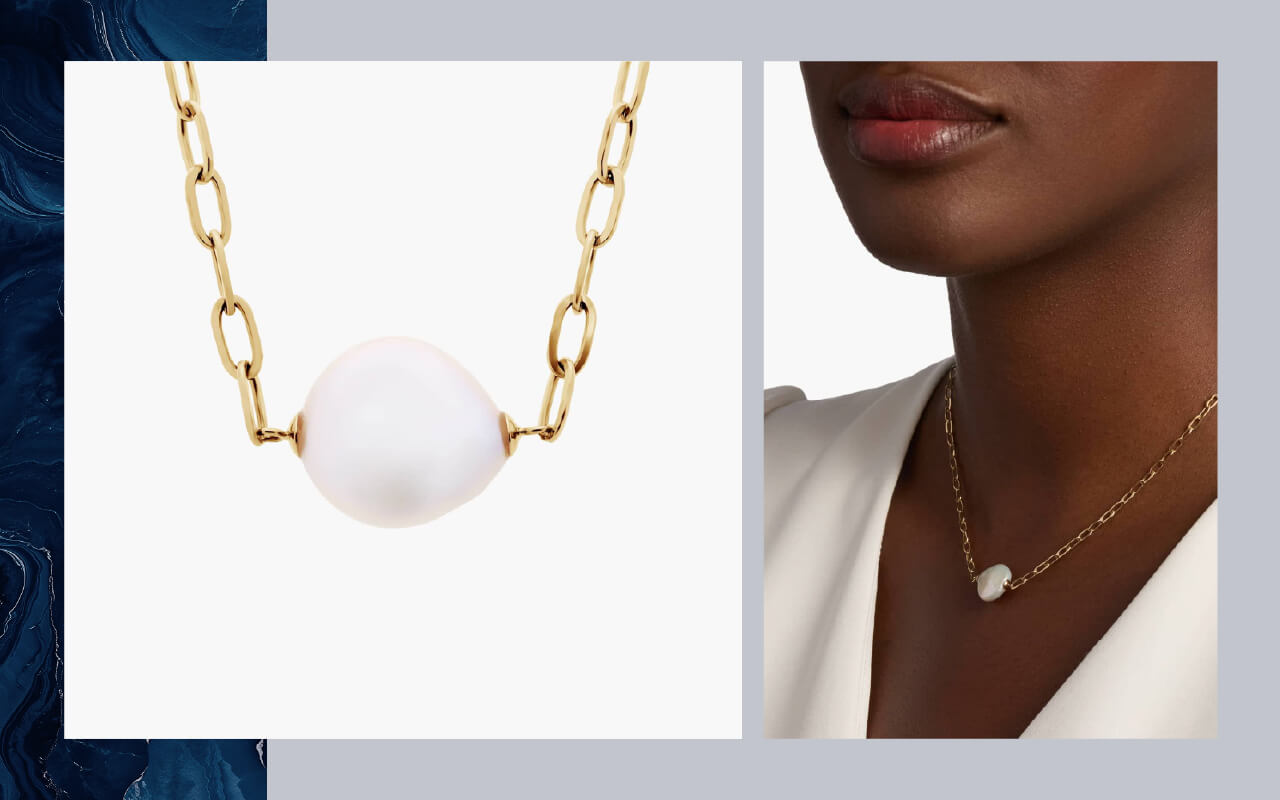 A Blue Nile paperclip necklace with baroque pearl in 14K yellow gold on the left, and a model wearing the necklace on the right.