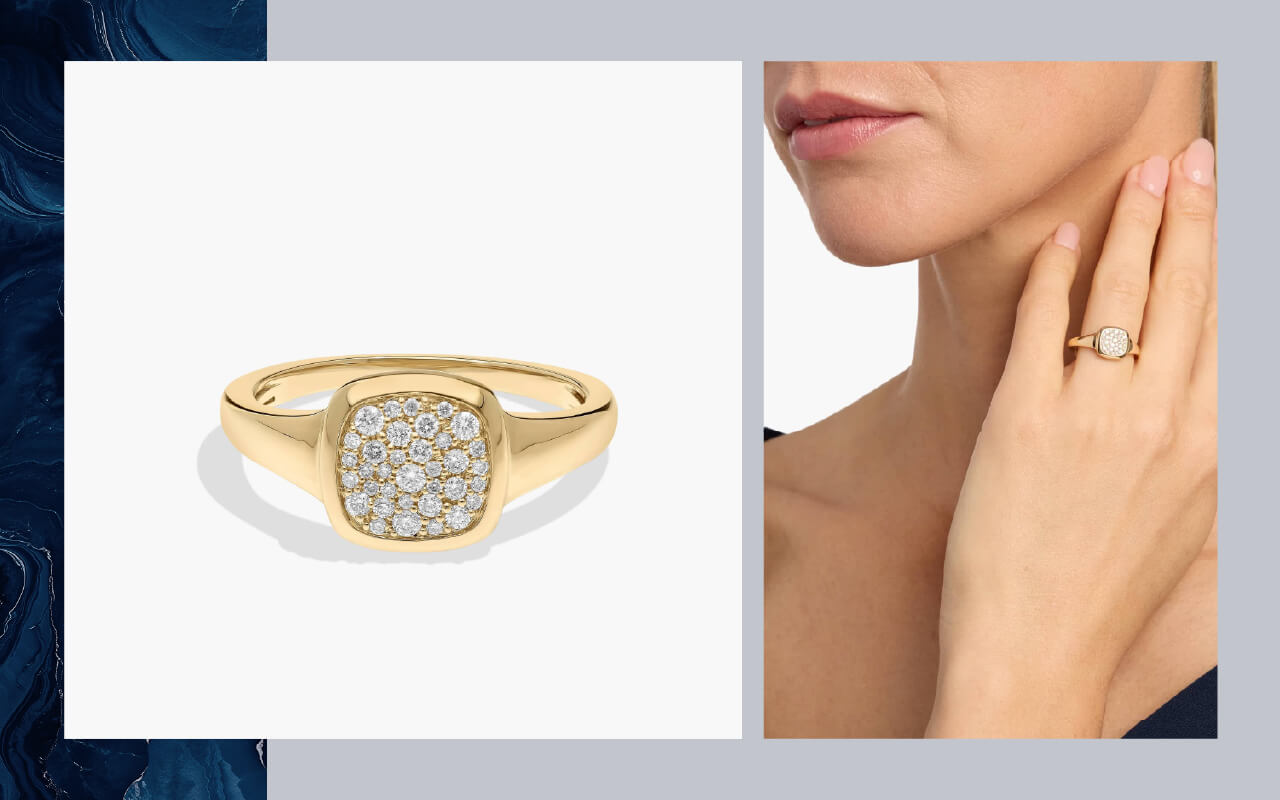A Blue Nile vintage-inspired diamond cluster signet ring in 14K yellow gold on the left, and a model wearing the ring on the right.