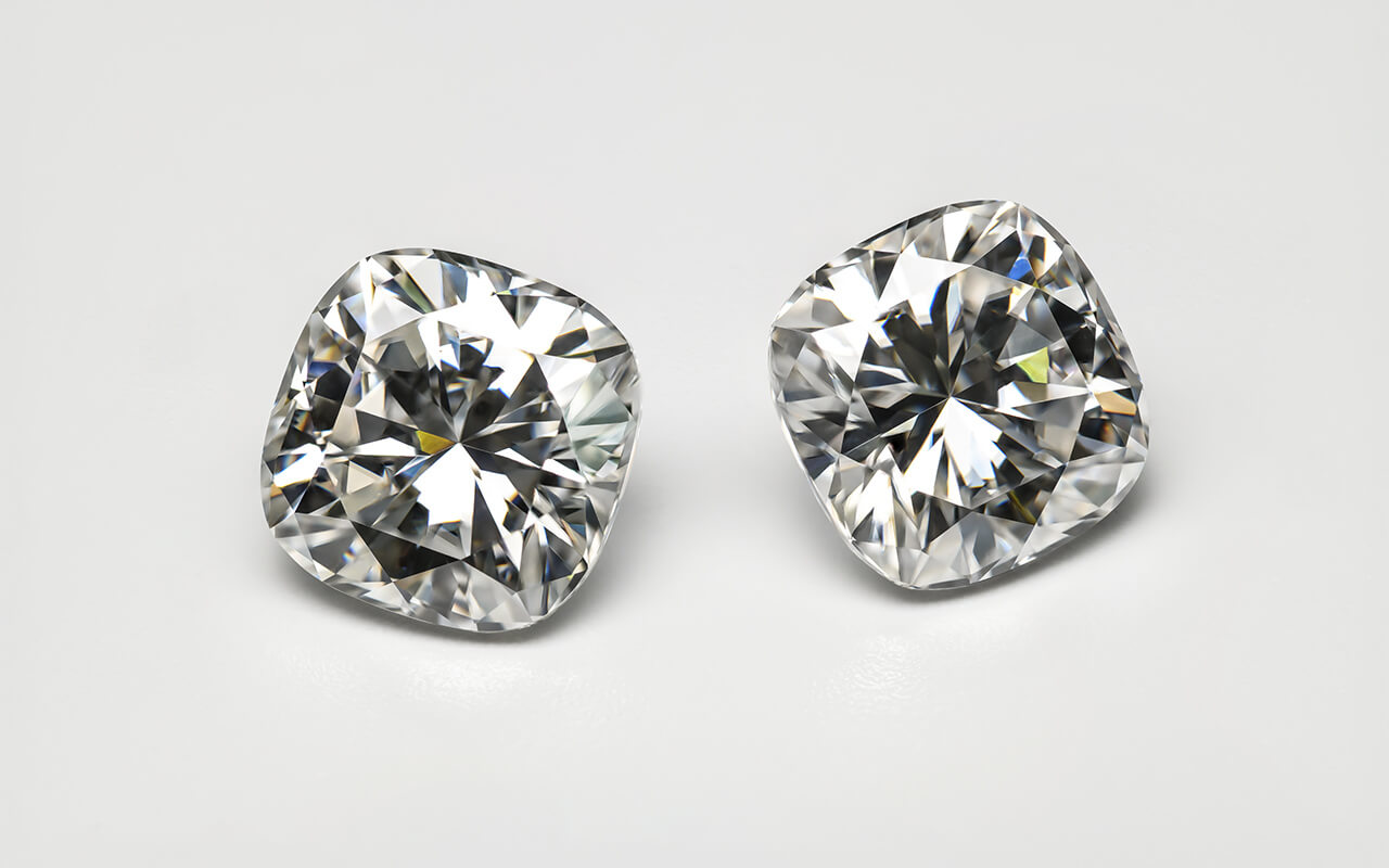 Old mine cut diamonds displayed on a grey background