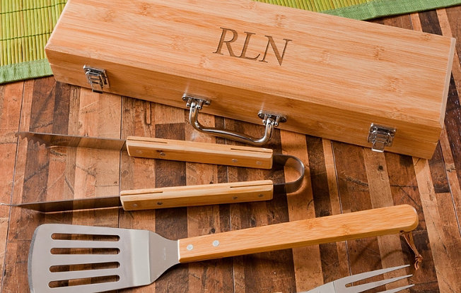 A BBQ grilling set with personalized bamboo case from the man registry