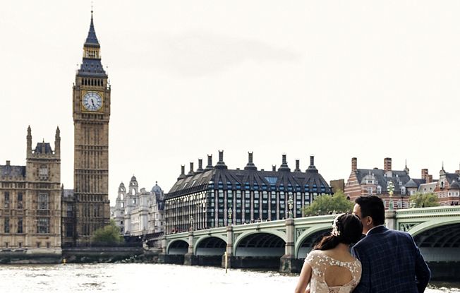 Couple embracing in London.