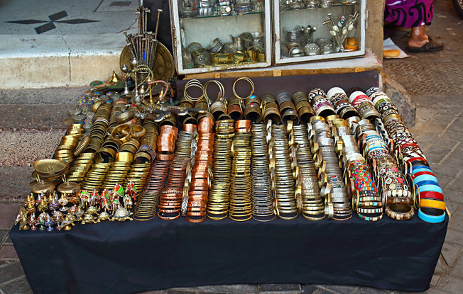 A stand of gold bangles at a souk in Morocco