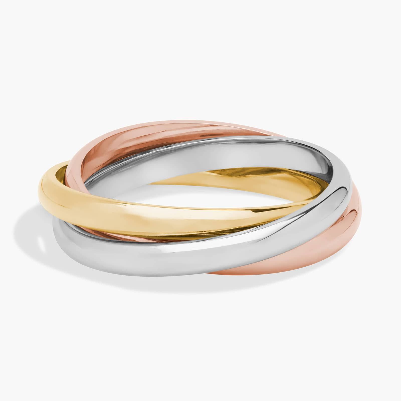 Intertwined band with gold, silver, and rose gold.