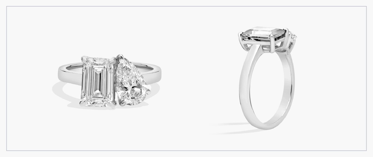 Front and side views of a white gold diamond two-stone ring