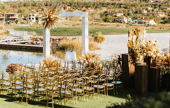 A wedding ceremony setup in front of Lake Las Vegas