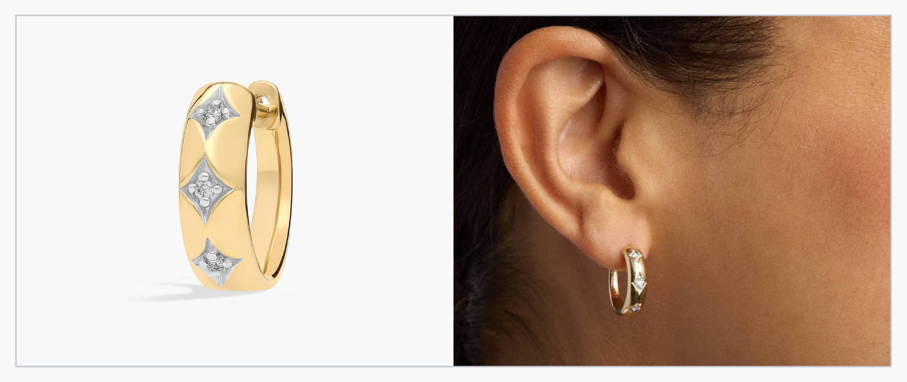 One Blue Nile wide diamond flicker huggie earring on the left and a close-up of a model wearing them on the right.