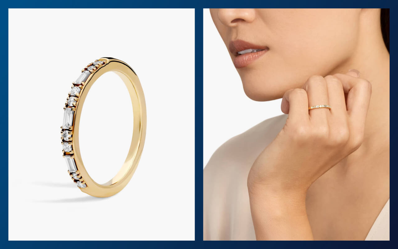Image of a person wearing a yellow gold ring on the right and a standalone photo of the ring on the left