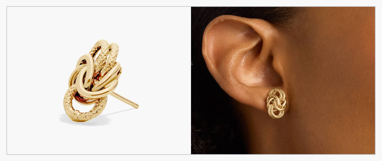 One Blue Nile yellow gold Byzantine love knot yellow earring on the left and a close-up of a model wearing the earring on the right.
